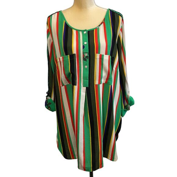 fig and flower Tops - Anthropologie Fig and Flower Green Floral Stripe Blouse Shirt Size 2X